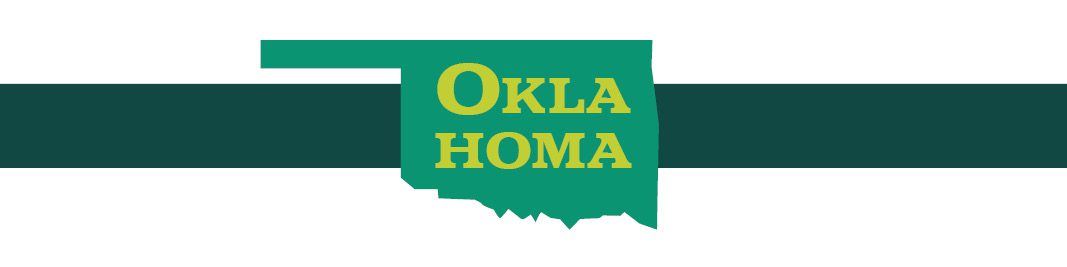 outline of Oklahoma state on a green banner