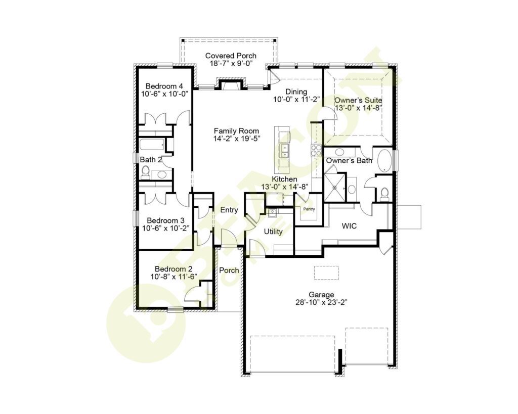 Blueprint of a house floor plan showing 4 bedrooms, 2 bathrooms, family room, kitchen, dining area, utility room, garage, and covered porch.