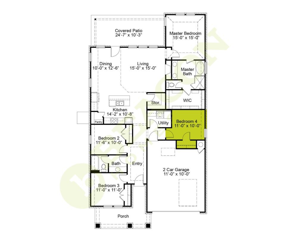 A floor plan of a house featuring four bedrooms, two bathrooms, a kitchen, a dining area, a living room, a utility room, a covered patio, and a two-car garage. Bedroom 4 is highlighted in green.
