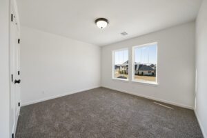 Empty room with gray carpet, white walls, a ceiling light, and two windows offering a view of neighboring houses.
