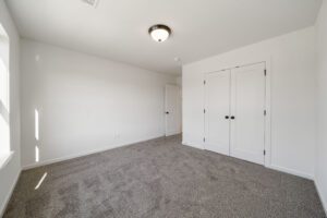 Empty modern room with gray carpet, white walls, a closed double-door closet, and a single ceiling light fixture.