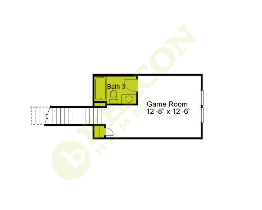 Floor plan showing a game room measuring 12'-8" by 12'-6" and a bathroom labeled "Bath 3." It includes a staircase leading into the space.
