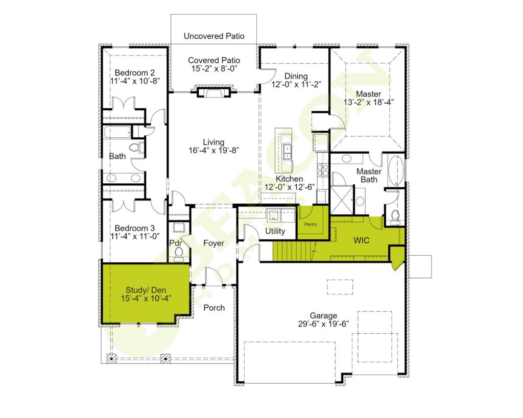 A floor plan showing a single-story house with three bedrooms, two baths, a study/den, living and dining areas, a kitchen, a utility room, a walk-in closet (WIC), a garage, and two patios (uncovered and covered).