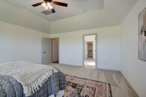 Bedroom with a ceiling fan, bed with gray and white linens, beige carpet, and two doorways. A decorative rug and framed wall art are visible.