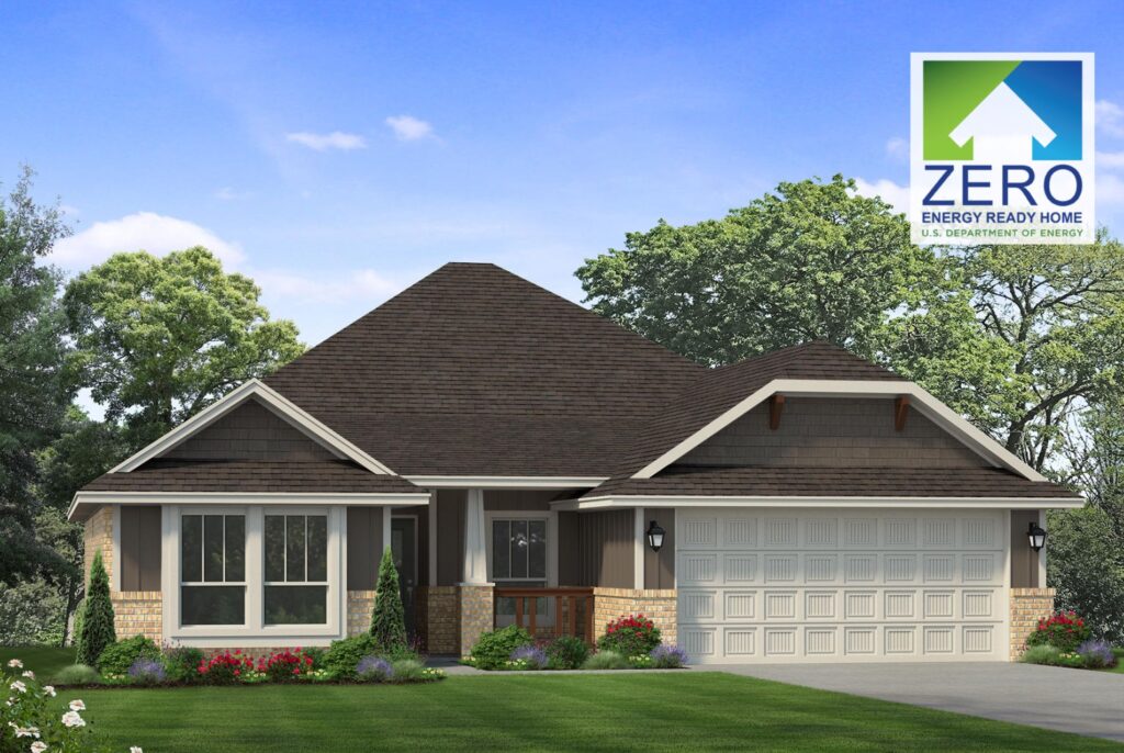 A modern single-story house with a two-car garage, surrounded by trees and a garden. The top right features a Zero Energy Ready Home logo.