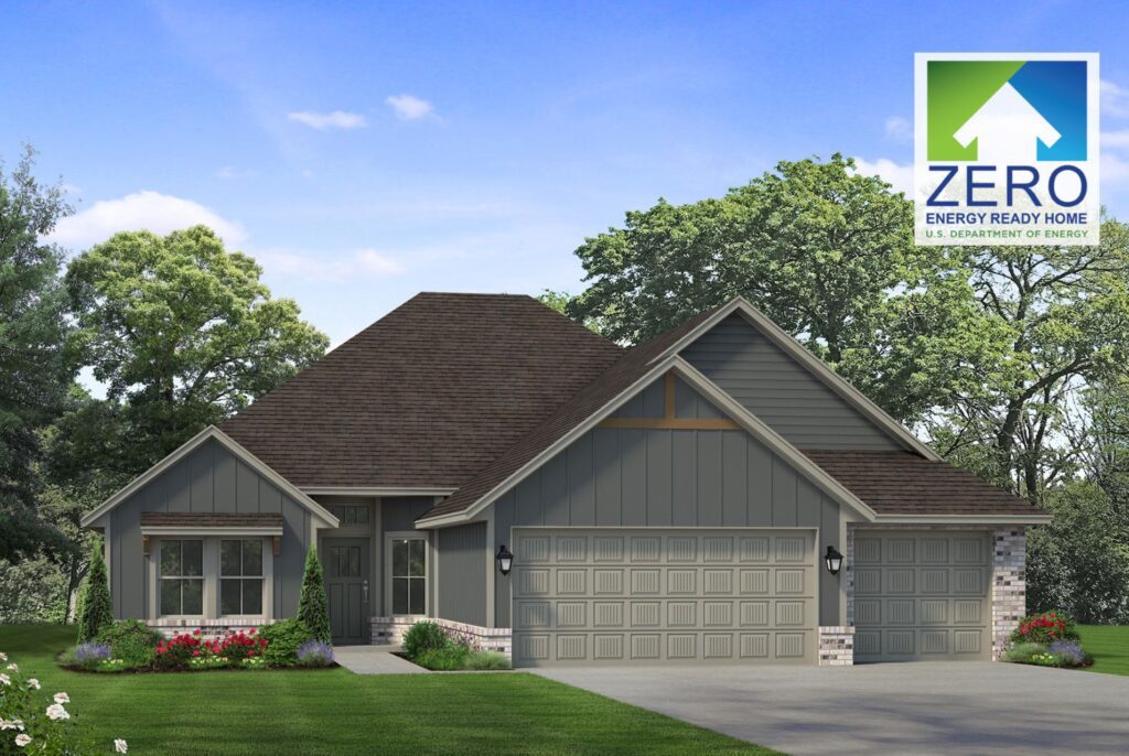 Illustration of a gray house with a three-car garage, surrounded by greenery. A Zero Energy Ready Home logo is in the top right corner.