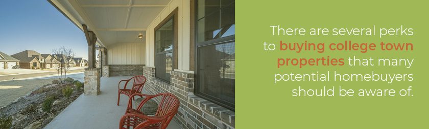 A house porch with two red chairs is shown. Text on the right reads: "There are several perks to buying college town properties that many potential homebuyers should be aware of.