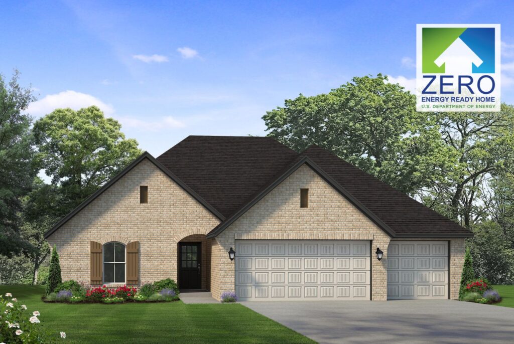 Illustration of a brick house with a dark roof, two garages, and a garden. A Zero Energy Ready Home logo appears in the top right corner.