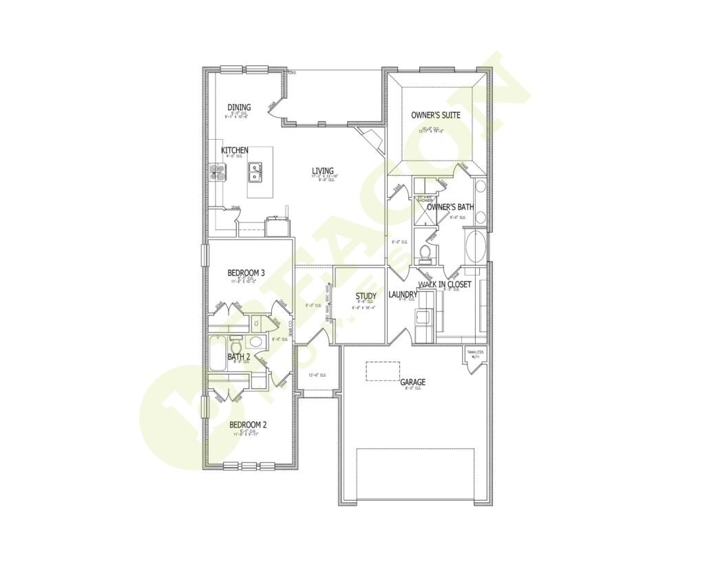 Floor plan of a single-story house with three bedrooms, two bathrooms, a study, kitchen, dining, living area, owner's suite with bath and walk-in closet, laundry, and garage.