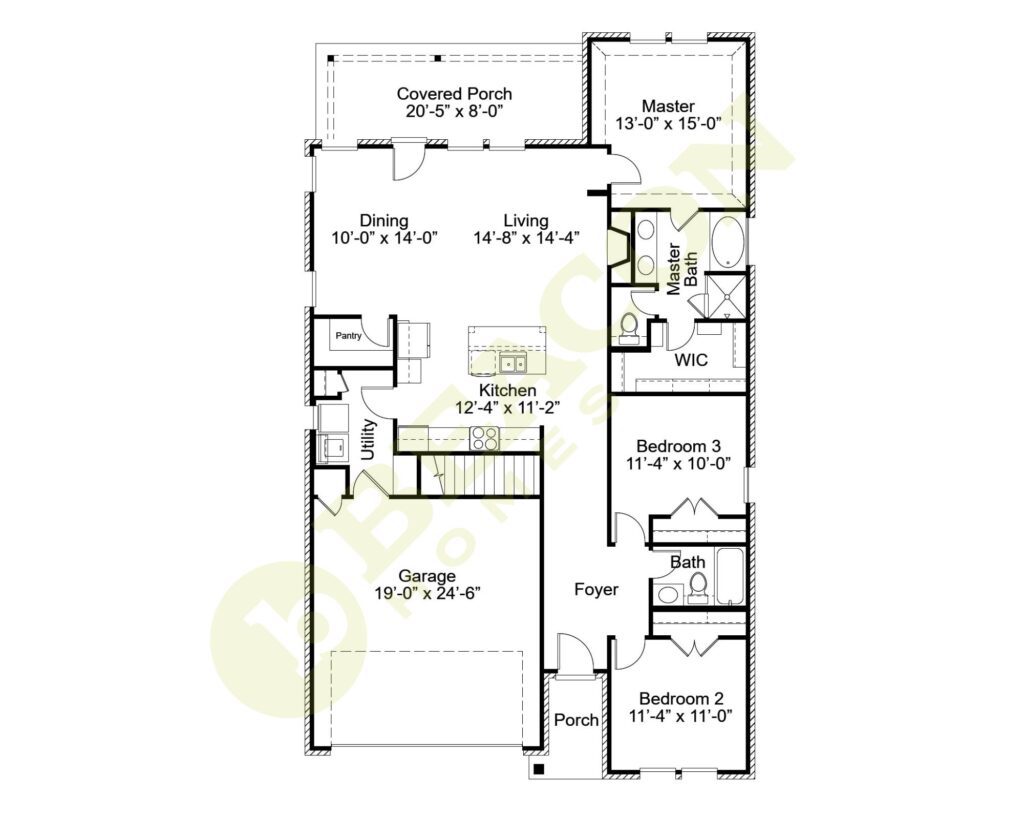 Floor plan of a single-story house with three bedrooms, two bathrooms, kitchen, living and dining areas, laundry room, garage, and covered porch.